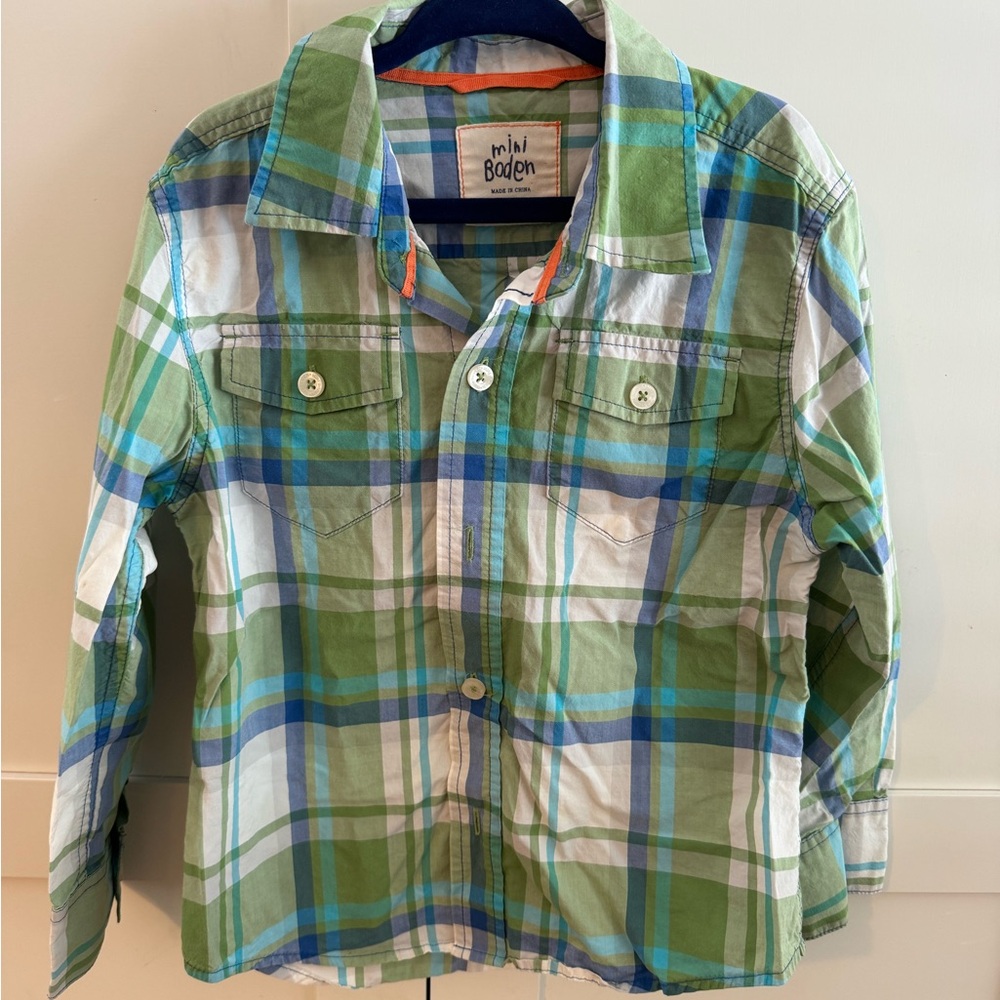 Boden Kids Blue and Green Plaid Button Down Shirt